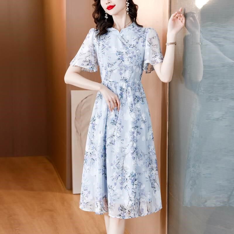蓝色雪纺碎花连衣裙女2023夏季新款中国风复古优雅淑女风中长裙