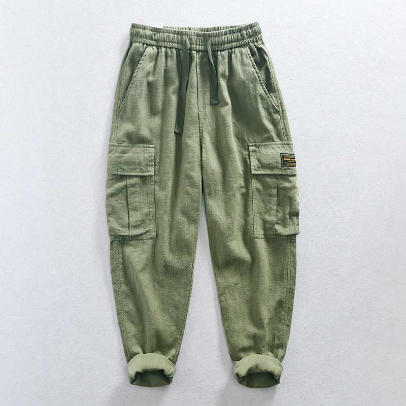 夏季薄款亚麻裤男苎麻宽松休闲裤美式棉麻阿美咔叽工装裤流行长裤