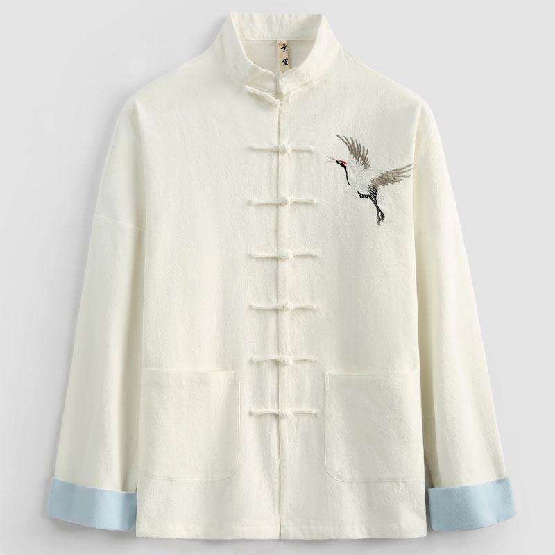 秋季唐装男中国风棉麻外套男士改良中式立领复古仙鹤刺绣国潮上衣