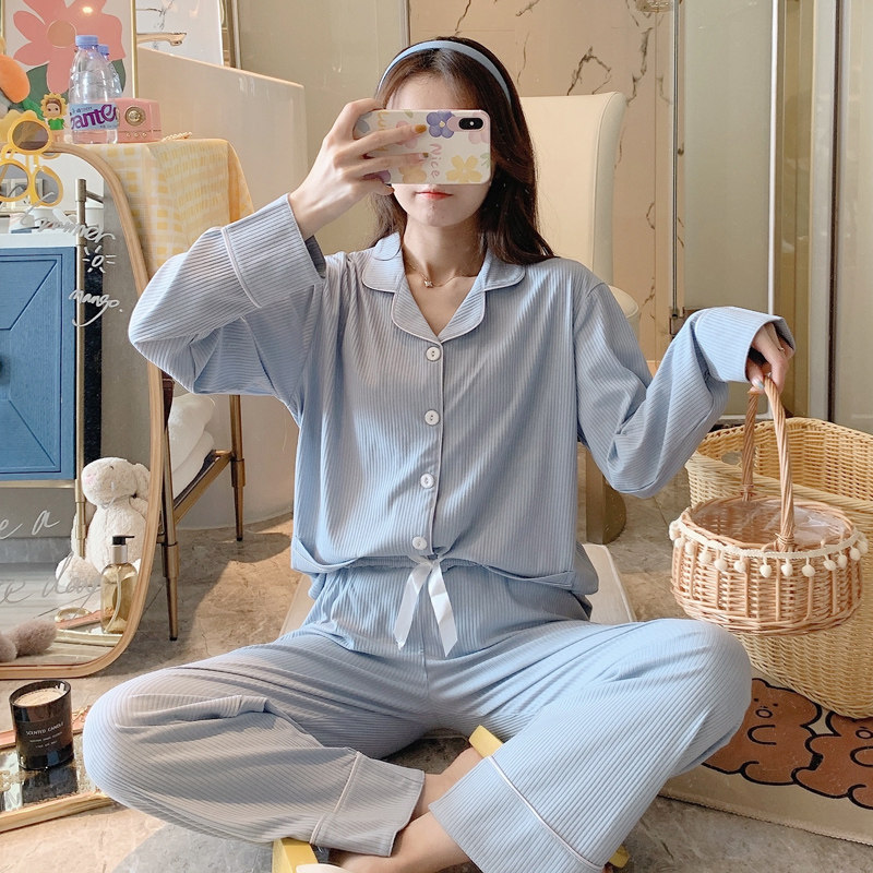 睡衣女春秋纯棉长袖简约纯色宽松两件套韩版大码家居X服套装秋冬