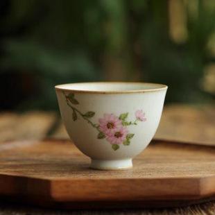 景德镇粗陶古朴全手绘桃花菊花茶杯品茗主人杯功夫茶具陶瓷单杯