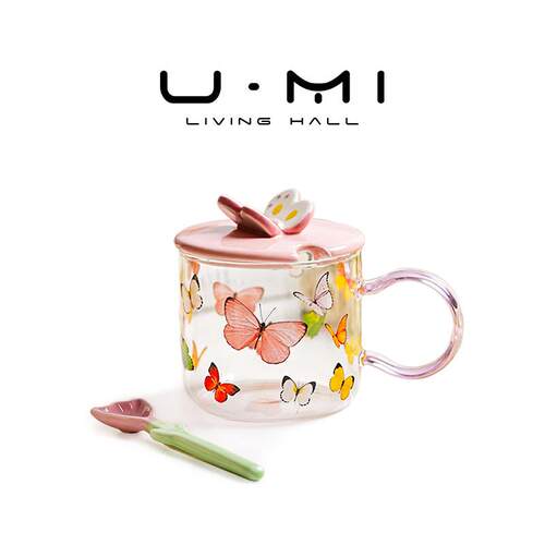 U Mi LIVING · 粉蝶 | 杯具玻璃杯可爱少女心早餐杯耐高温带盖子