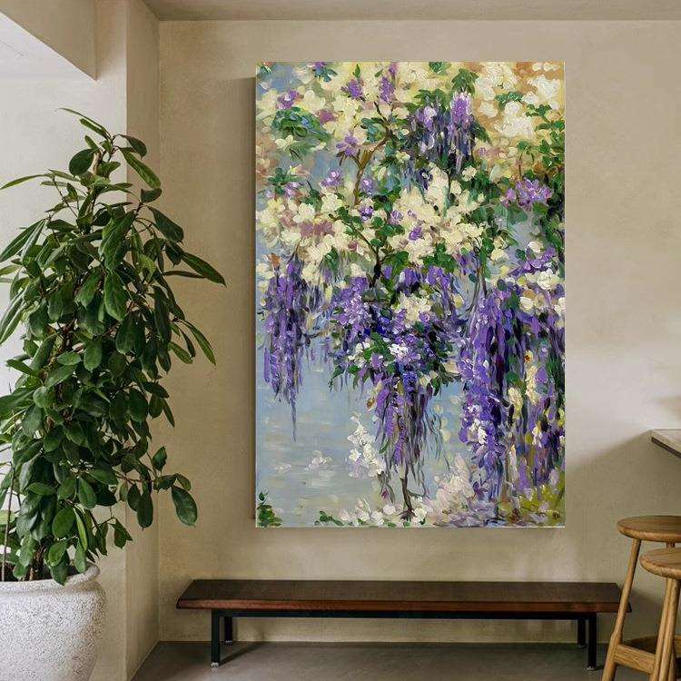 纯手绘油画玄关走廊花卉挂画厚油抽象轻奢装饰画餐厅个性壁画紫色