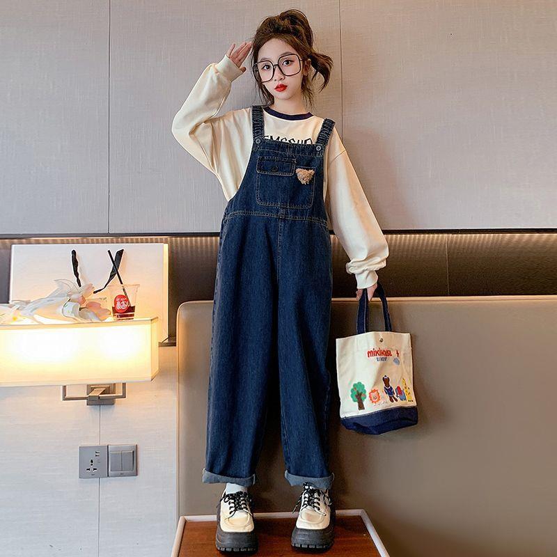女童牛仔2025春秋季背带裤休闲套装中大童儿童时髦洋气两件套秋装