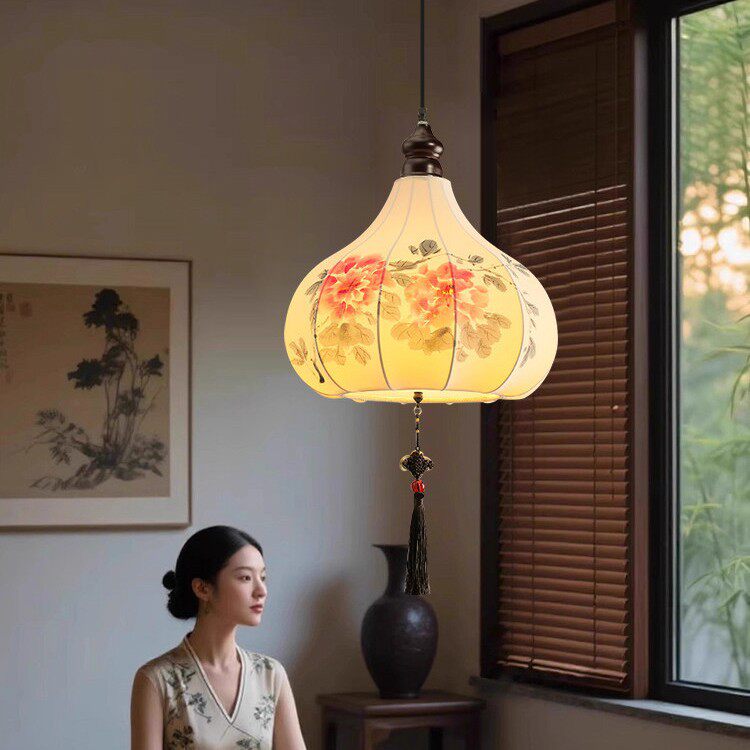 宋式美式布艺单头吊灯手绘牡丹花饭餐馆灯具复古风禅意书房卧室灯
