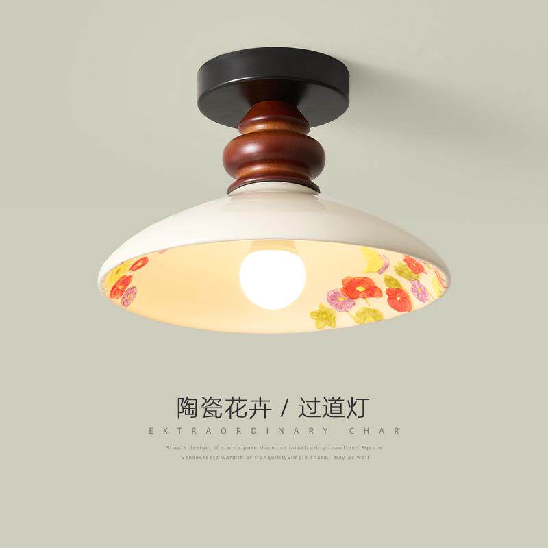 过道吸顶灯中古风胡桃木色阳台入户唯美陶瓷花卉高级感玄关走廊灯