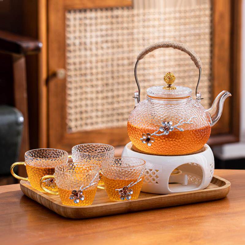 玻璃茶壶套装精品茶具贴花锤纹壶加厚手工水果养生茶具提梁煮茶壶