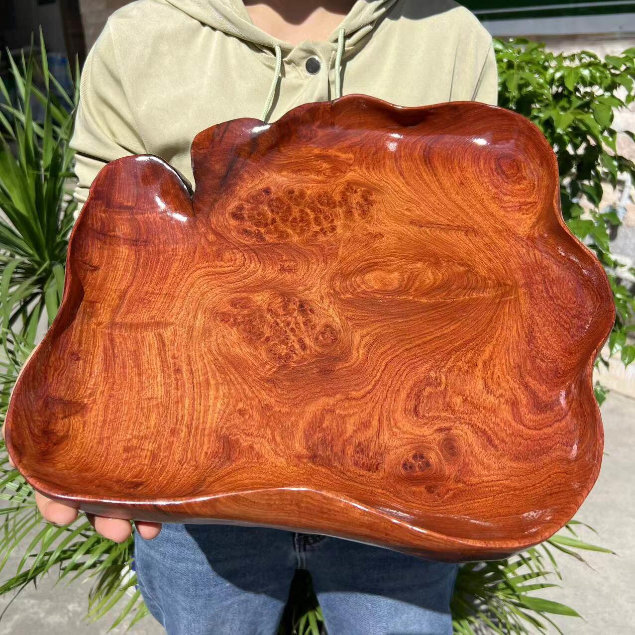 花梨木果盘托 托盘缅甸花梨红木随型盘子茶盘文承盘整体实木树瘤
