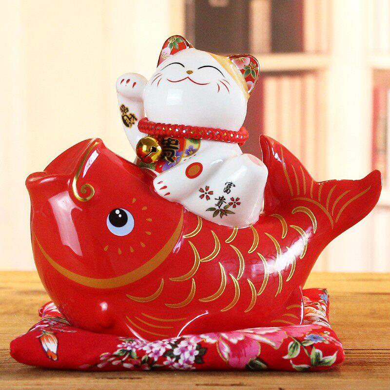 招财猫陶瓷家居桌面锦鲤鱼摆件创意发财猫小号存钱罐店铺装饰礼品