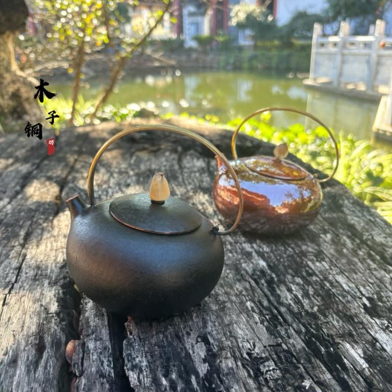 一张打凌霄壶 手工紫铜烤色煮水壶复古中式家用带滤球烧水泡茶壶