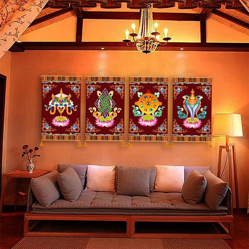 藏式八吉祥布艺挂画客栈民宿墙壁吉祥八宝无框装饰画藏族壁画挂布图片