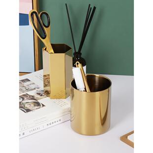 北欧INS金色时尚个性不锈钢笔筒多功能桌面收纳杯置物化妆刷筒