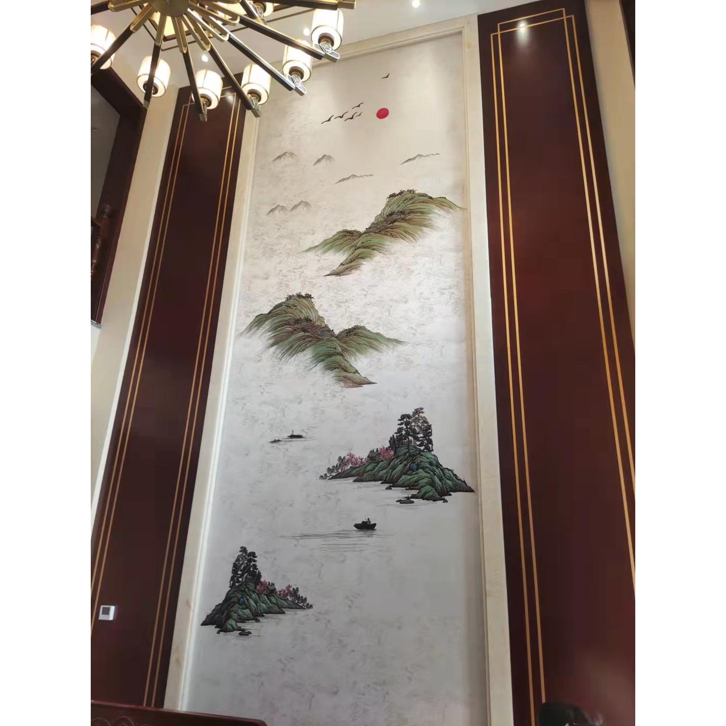 山水超高刺绣背景墙布挑高别墅大厅中式风水壁布独秀壁画独绣墙布