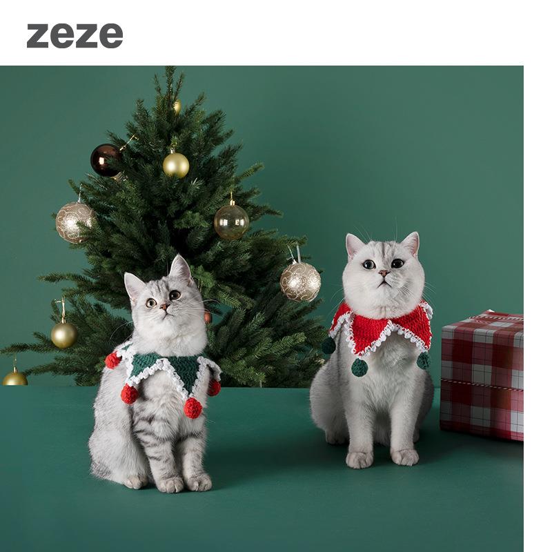 上宅▲zeze圣诞新年猫咪围巾围脖三角巾饰品狗手工毛线猫项圈领结