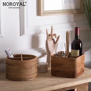 美式覆古客厅咖啡桌遥控器收纳盒圆形多格木藤化妆品桌面收纳架