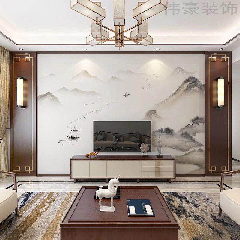 新中式电视山水画背景墙实木护墙板沙发客厅壁画墙板轻奢装饰定制