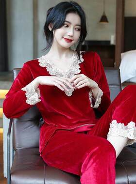 金丝绒睡衣女士春秋款套装喜庆红色本命年结婚新婚冬季大尺码家居