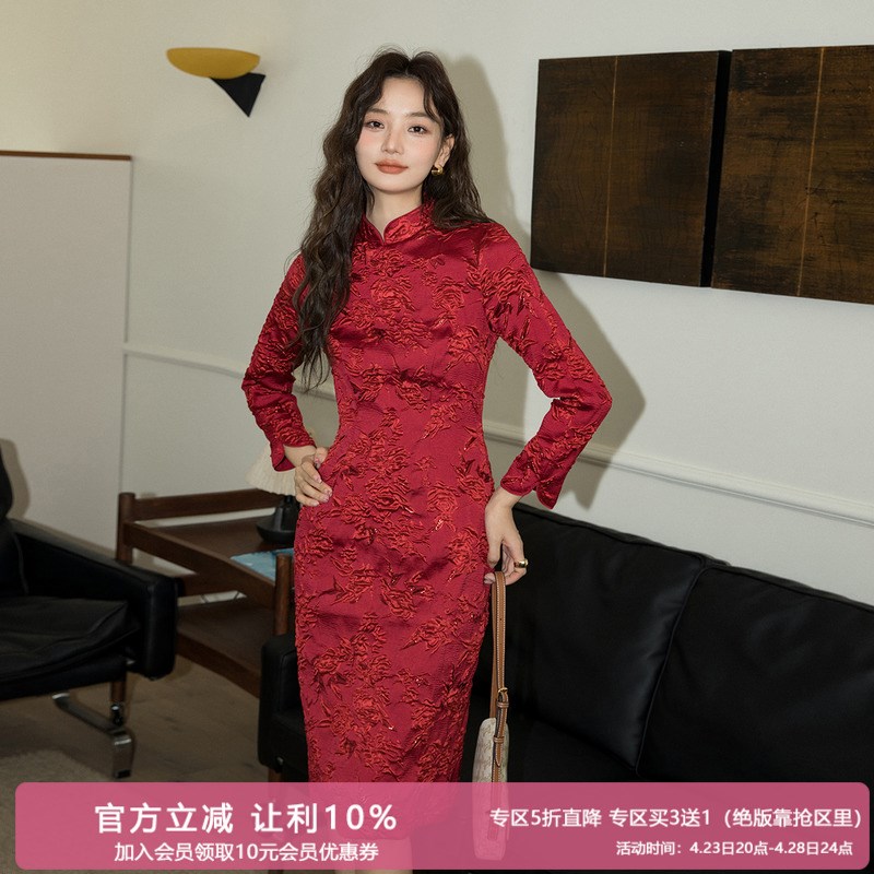 小众设计中国风红j色春秋连衣裙2660提花复古国潮改良年轻款旗袍