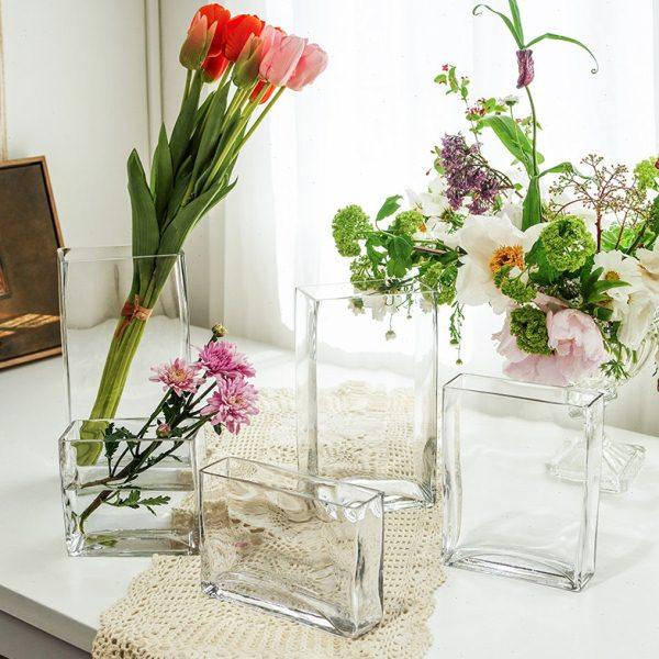 手工现代简约长方形玻璃花瓶水培插花扁缸家居餐厅桌面花艺摆件