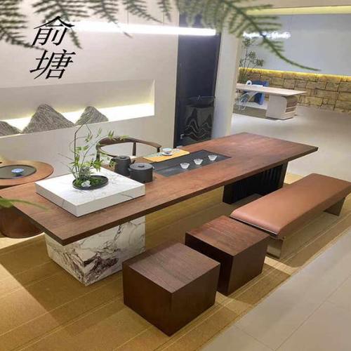 俞塘新中式岩板茶台办公茶室高端定制现代轻奢实木茶桌椅组合