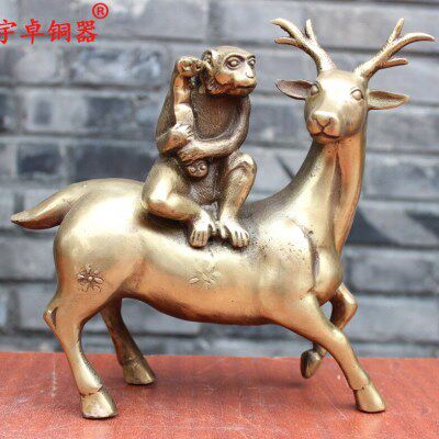 宇卓铜器 纯铜鹿 铜猴一路封侯 一鹿封侯 黄铜梅花鹿工艺品摆件