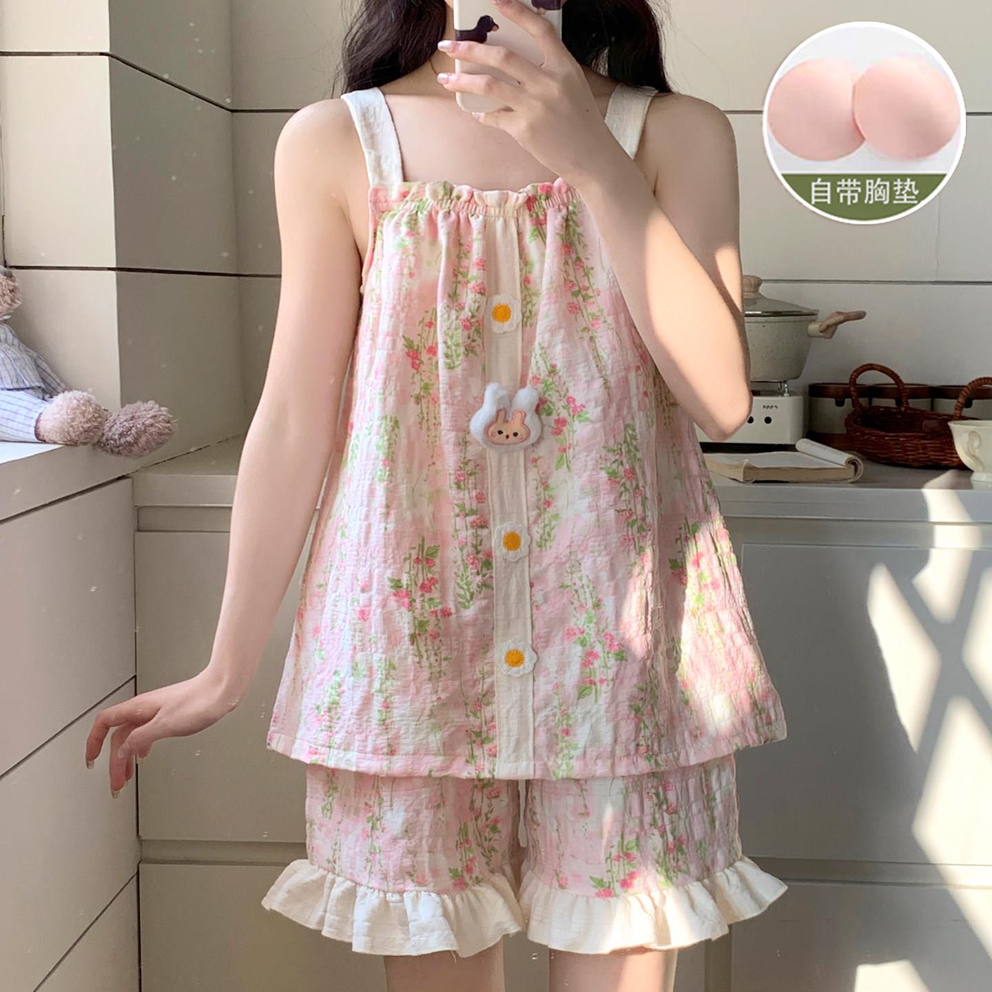 带胸垫吊带睡衣女夏天薄款套装女士两件套新款可外穿可爱家居服