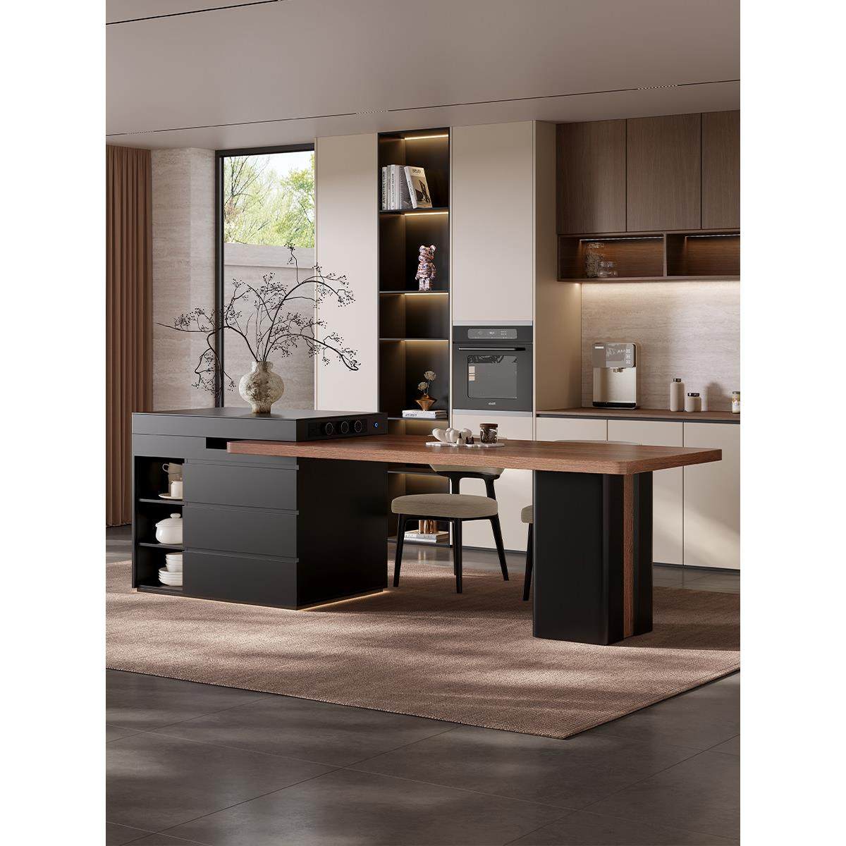 意式极简岛台餐桌一体可伸缩家用开放式厨房胡桃色岩板错位中岛台,住宅家具,岛台餐桌,淘宝优惠券,粉丝福利购,淘宝优惠卷