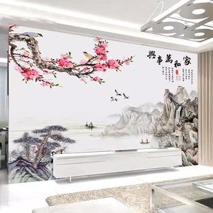 花鸟装 定制电视墙壁纸轻奢新中式 饰壁画J电视背景墙布客厅沙发壁