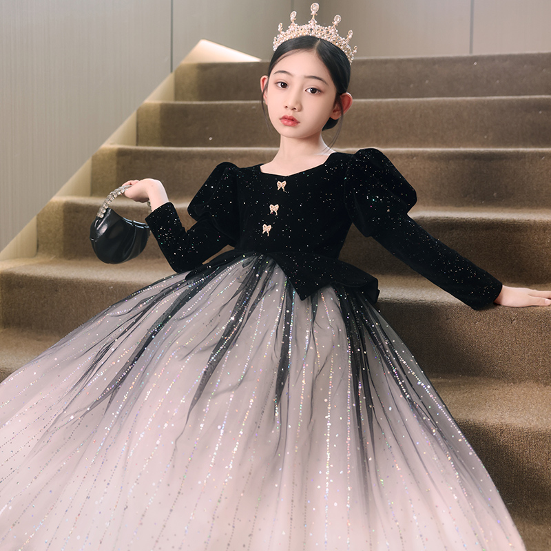 花童婚礼b小女孩高定礼服儿童公主裙生日主持人钢琴演出长袖洋装
