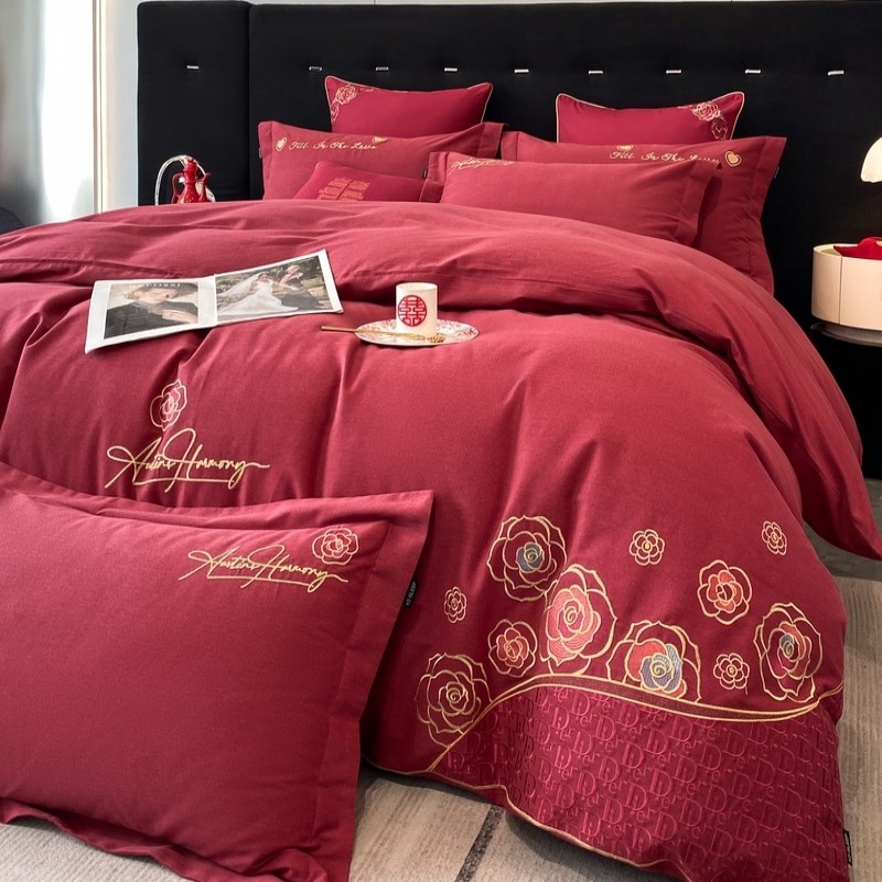 结婚纯棉磨毛四件套婚床上用品秋冬婚庆大红色喜被套女方陪嫁床单