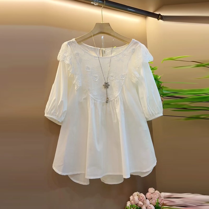 胖妹妹蕾丝荷叶肩短袖小衫宽松遮肚子大码女装白色小清新百搭上衣