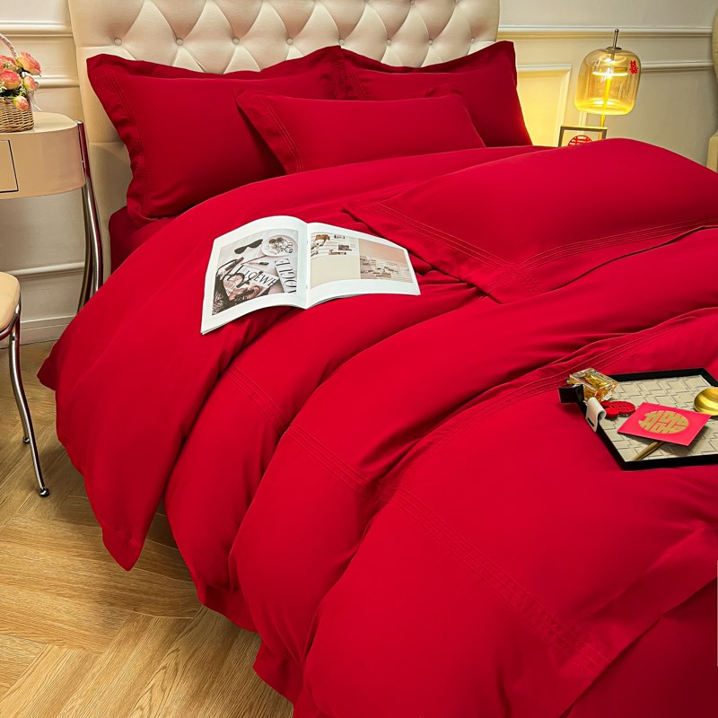 简约结婚铺床上用品100亲肤磨毛秋冬酒红色床单款四件套婚庆纯色4