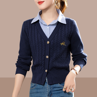 2025秋冬季新款女士毛衣针织衫假两件上衣短款小个子时尚洋气女装