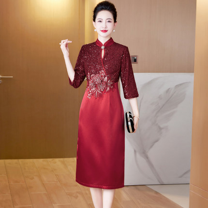 喜婆婆婚宴装婚礼妈妈礼服秋冬款C结婚长辈衣服旗袍高贵中年连衣