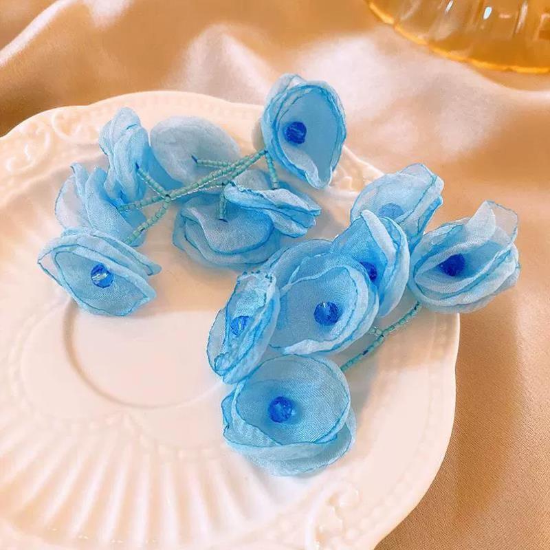 海盐气泡水！网纱雪纺花朵耳钉！2024清新小众水晶耳环气质耳饰女