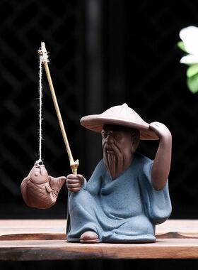 盆景江太公钓翁老人小摆件陶瓷微景观人物鱼缸装饰景观成套配件