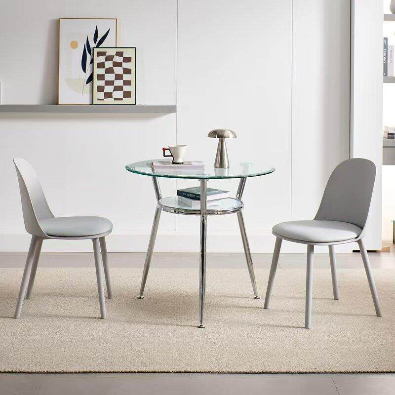 钢化玻璃饭桌圆桌办公洽谈桌椅组合接待家居卖场现代简约双层桌