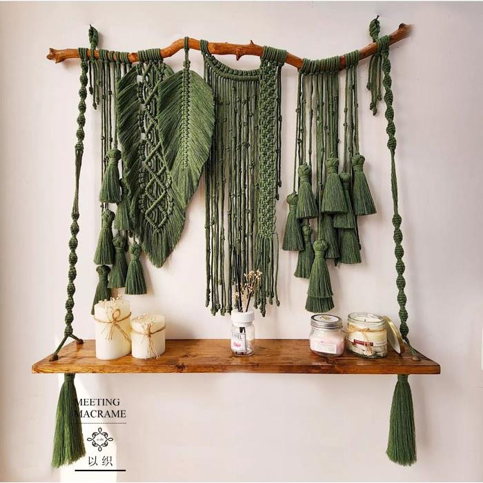 波西米亚风隔板置物架手工编织挂毯植物吊篮阳台网红民宿收纳装饰