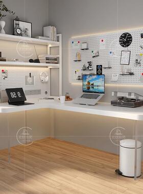 白色压克力实木转角书桌书架All桌L型工作台书房学习桌简约