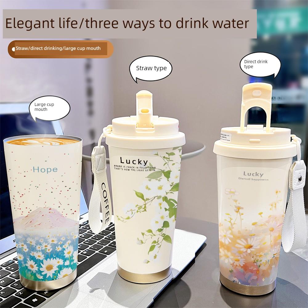 国英高颜咖啡杯陶瓷大容量保温杯吸管水杯女学生花316不锈钢