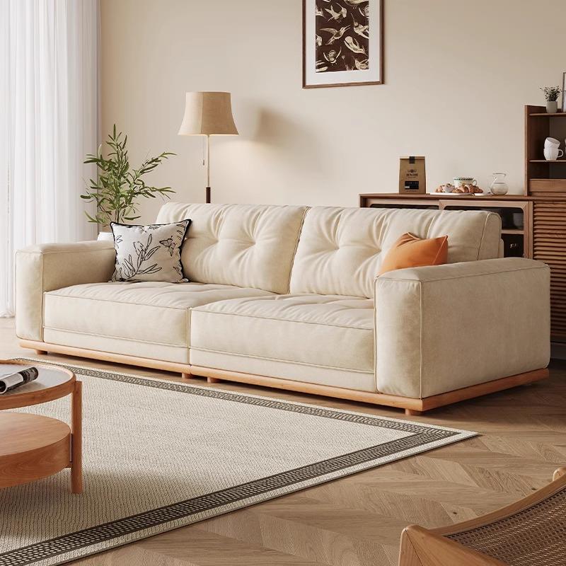 朱丽亚 原木风沙发客厅小户型侘寂风三人位直排实木棉麻布艺沙发