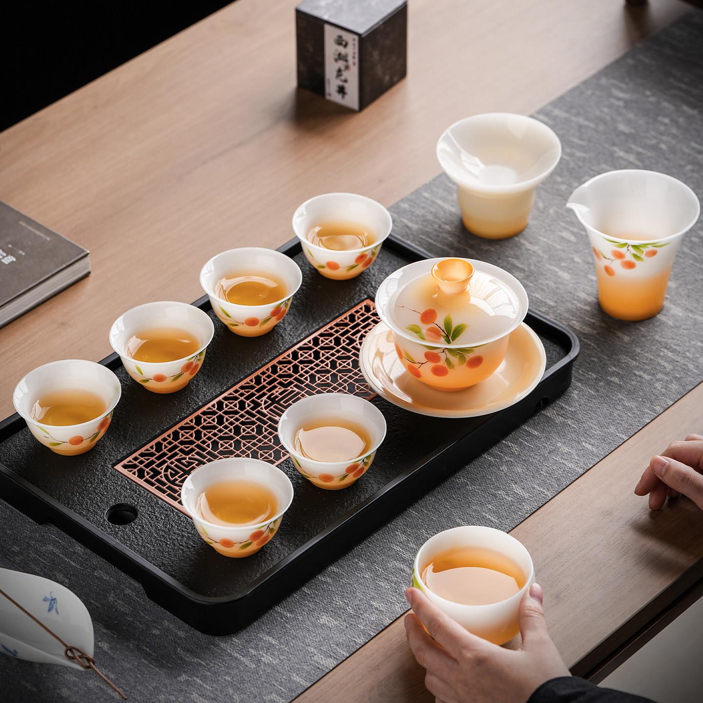 中国白瓷釉下彩手绘茶具套组礼盒羊脂玉高档轻奢家用盖碗茶杯新款