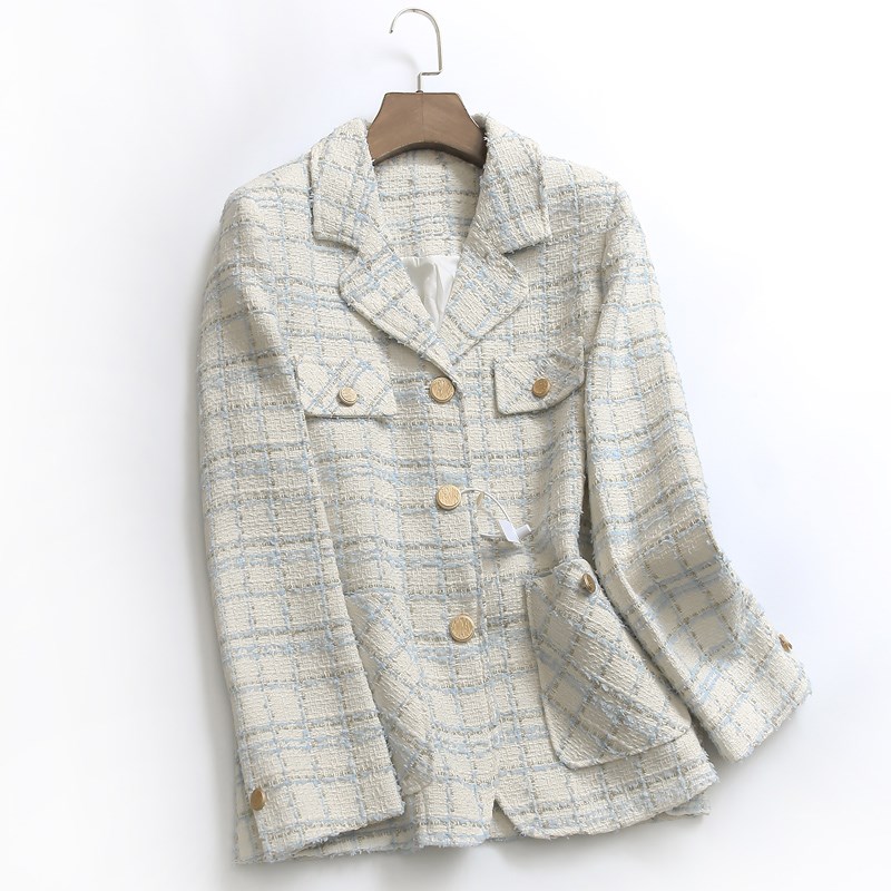 T042格子中长款西装领单排扣口袋香风韩版长袖秋冬新款女毛呢外套