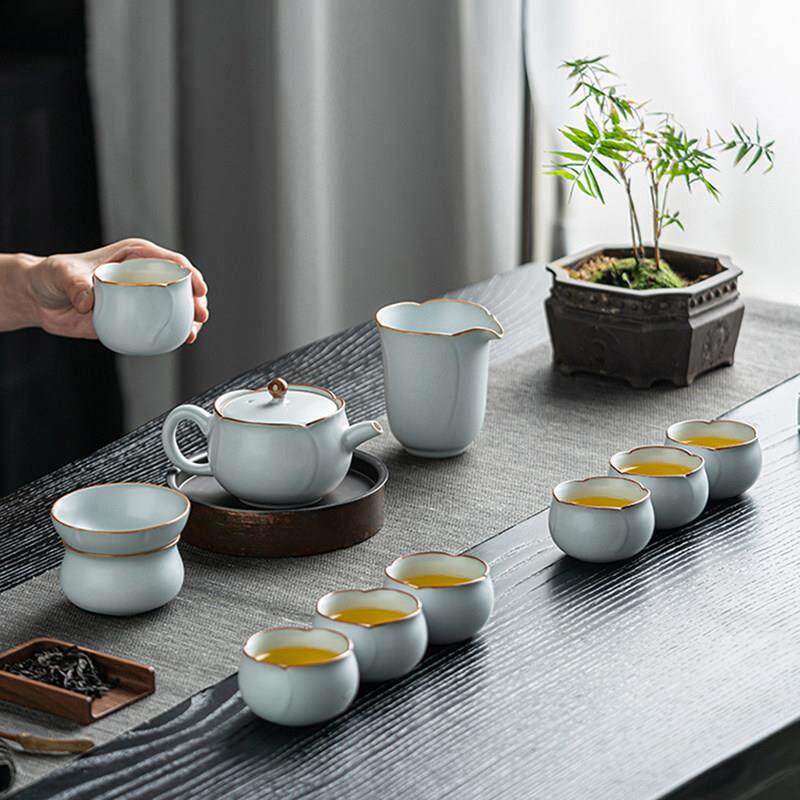 月白汝窑功夫茶具套装家用高档开片大师级2026新款盖碗茶杯礼盒装