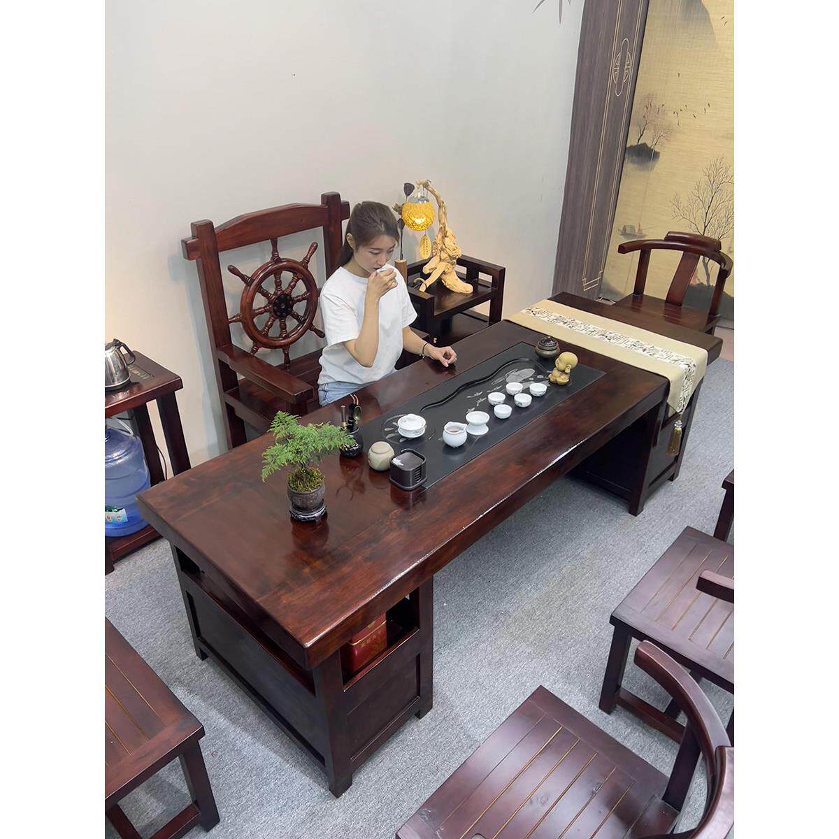 老船木办公室储物茶台商铺泡茶全实木茶桌椅组合客厅茶室抽屉茶几