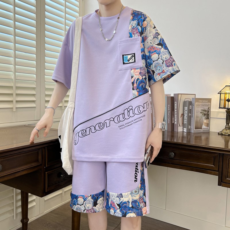 夏季薄款冰丝短袖T恤男孩青少年初高中H学生速干半袖大童潮流套装