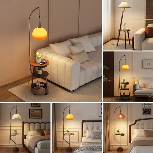 法式中古风客厅落地m灯侘寂装饰新中式复古卧室床头置物架一体灯