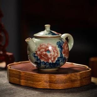 纯手工功夫茶具茶壶手绘牡丹釉下青花陶瓷家用泡茶壶开片古朴单壶