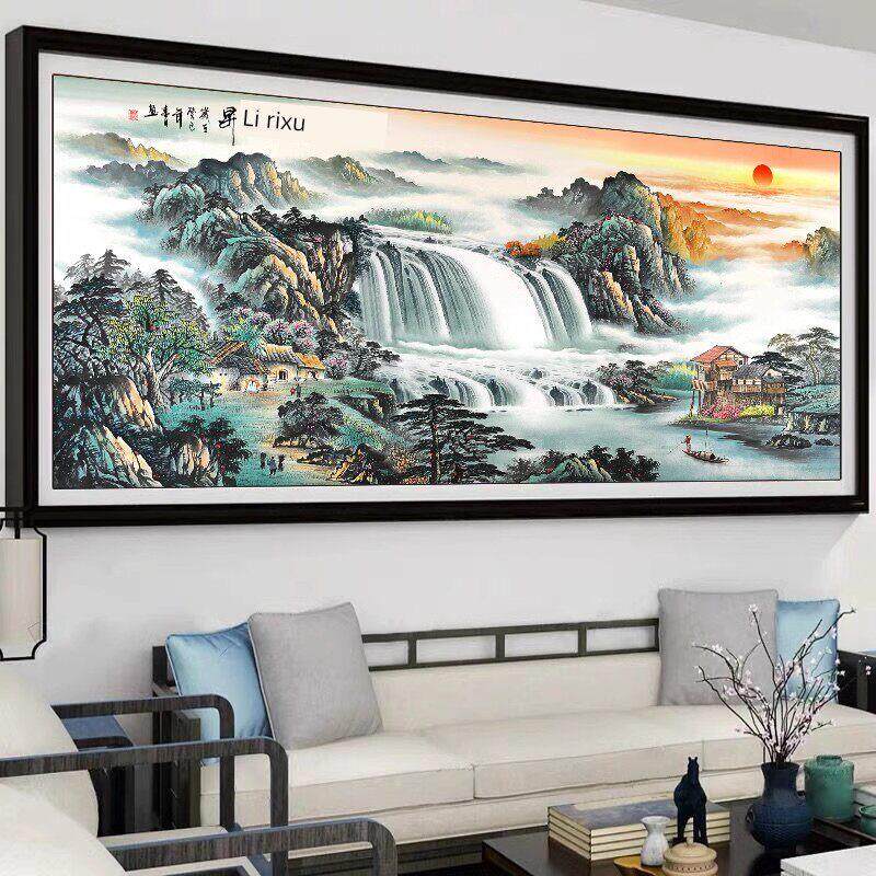 朝日东升十字绣成品,流水,财富,满绣,山水画,客厅,大型纯手