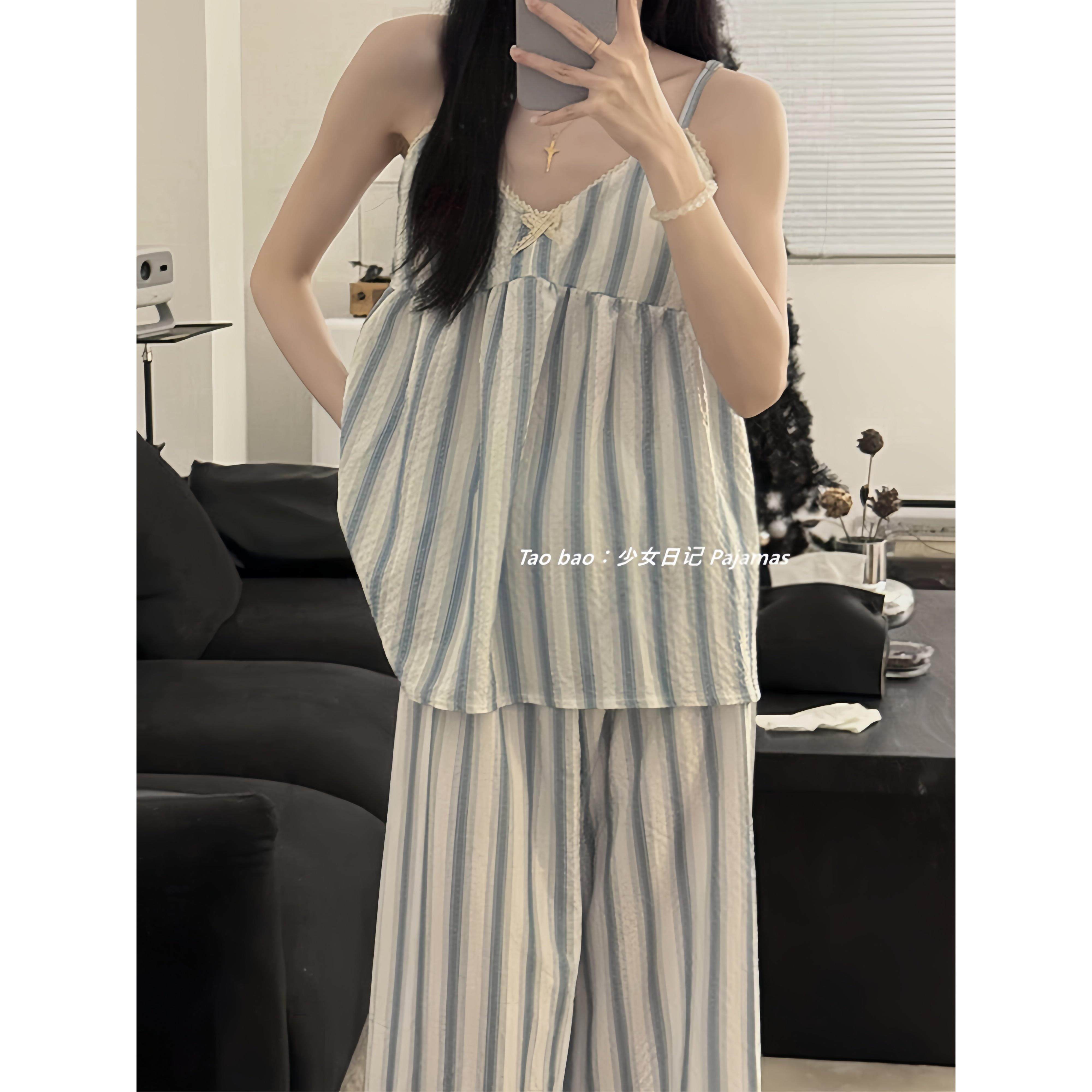 韩国ins睡衣女吊带长裤夏季新款学生条纹带胸垫家居服可外穿套装